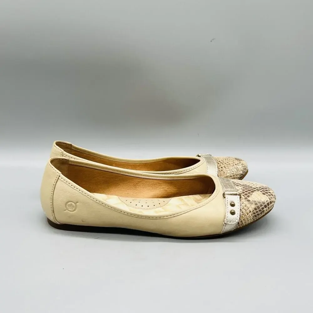 Born Shoes Womens 7 Beige Leather Snake Cap Toe Ballet Flats Slip On Comfort
